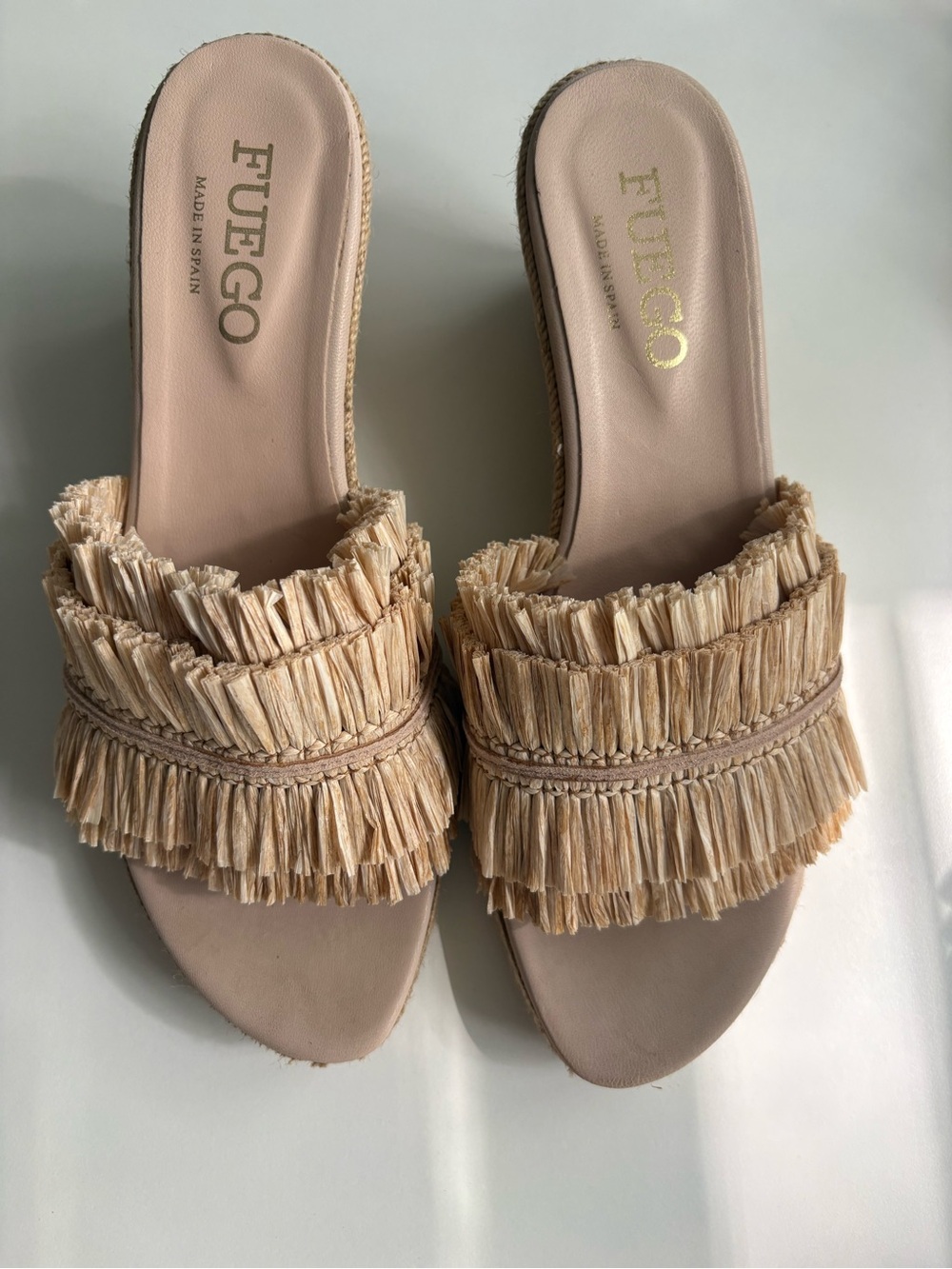 Warehouse Beige Raffia Fringe Wedge Slide Sandals